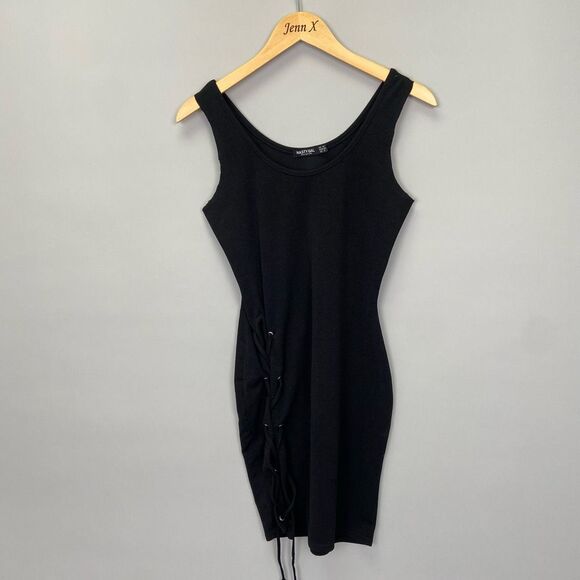 Nasty Gal Black Sleeveless Mini Bodycon Dress Size 8 Side Lace Party Club - Picture 1 of 8